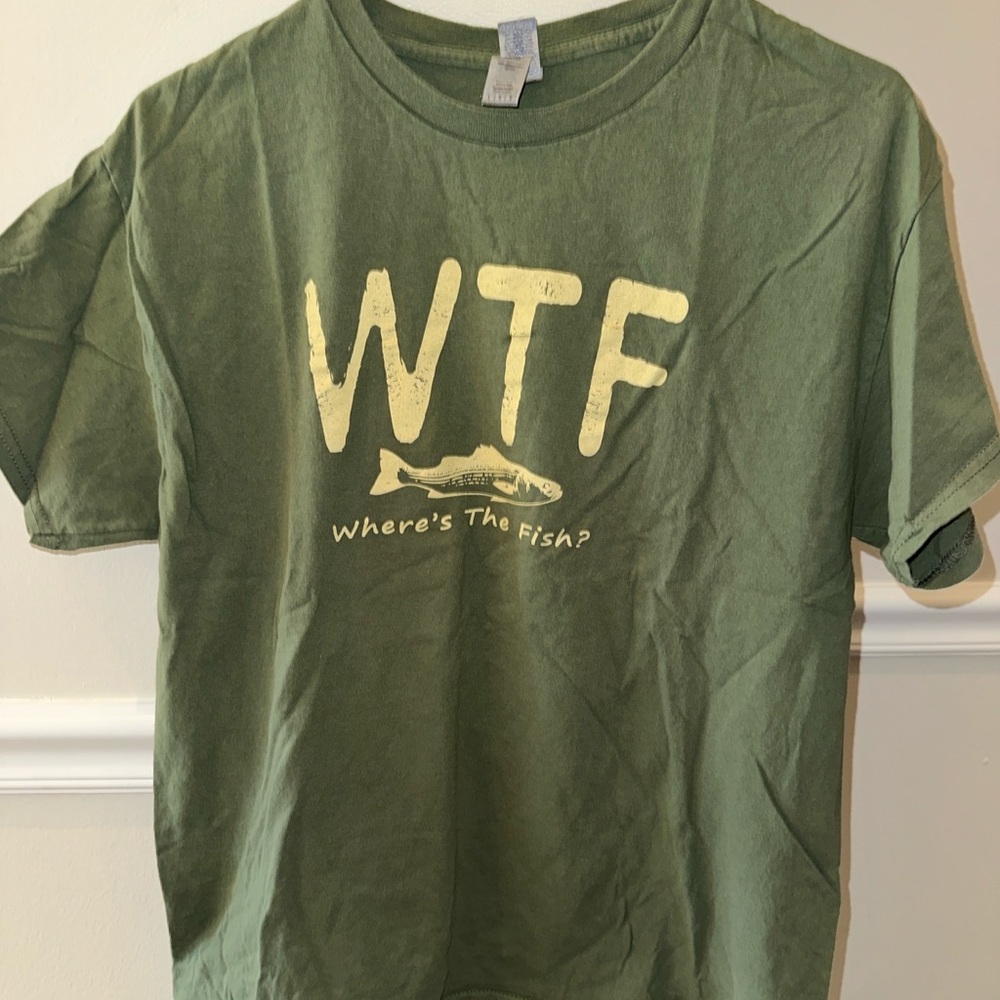 WTF Where’s The Fish Olive T-Shirt with Cream Graphic Size Large